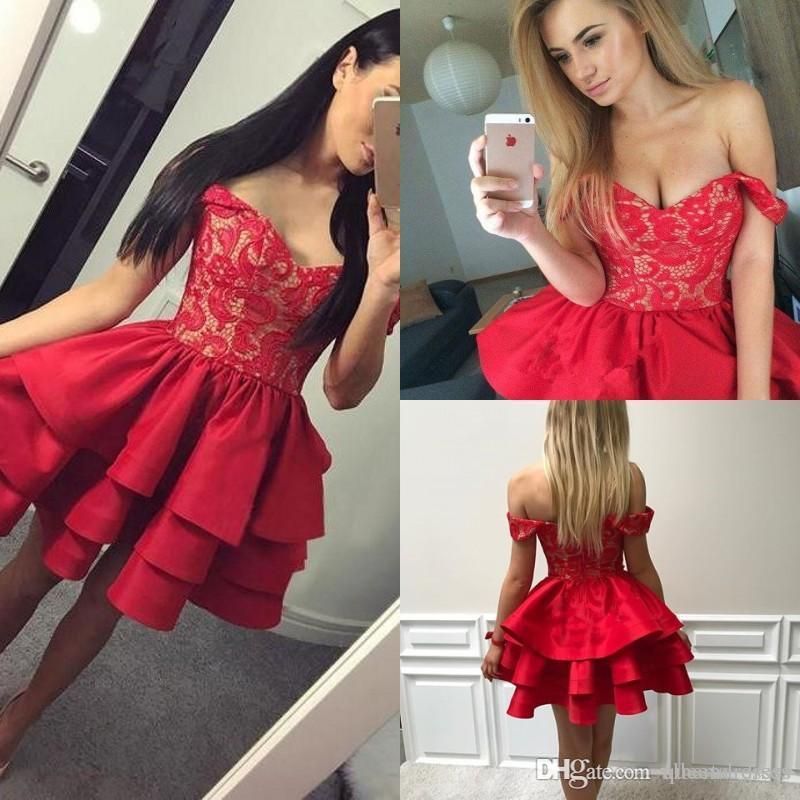 Elegant Red Cocktail Dresses Short Lace 