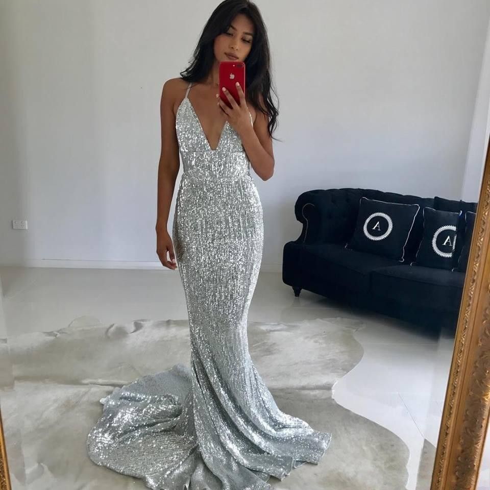 V Neck Silver Mermaid Prom Dresses 