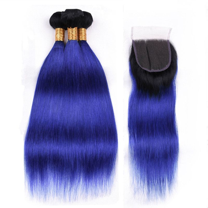 2019 1b Blue Ombre Malaysian Human Hair Bundles Straight With Closure Black And Dark Blue Ombre 4x4 Lace Front Closure With Weaves From Specialhair