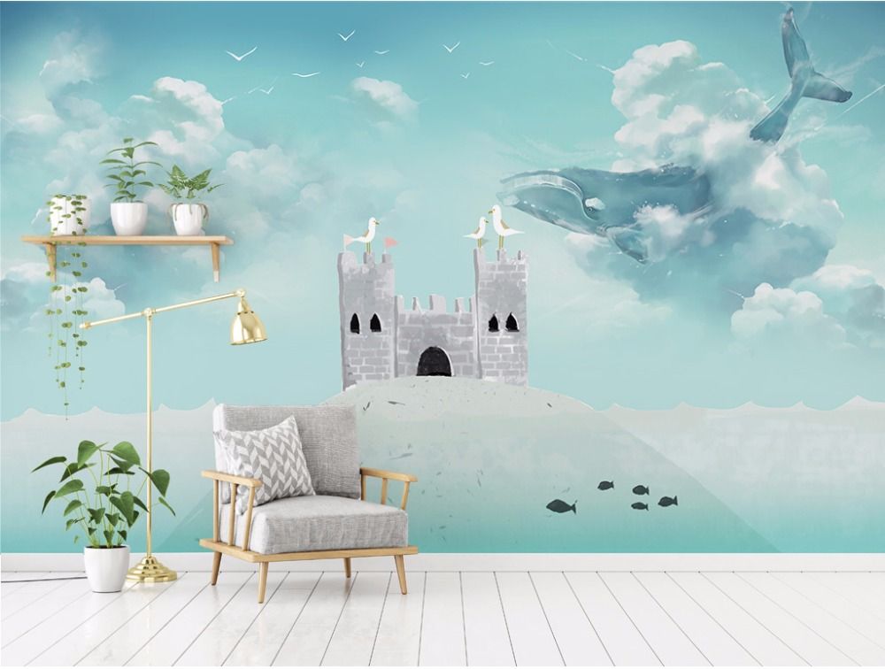Castle For Boys Girls Bedroom Wallpaper Mural For Walls Blue Sky Whale Bird Wall Papers Home Decor For Kids Room 3d Wallpaper Images Of Wallpapers