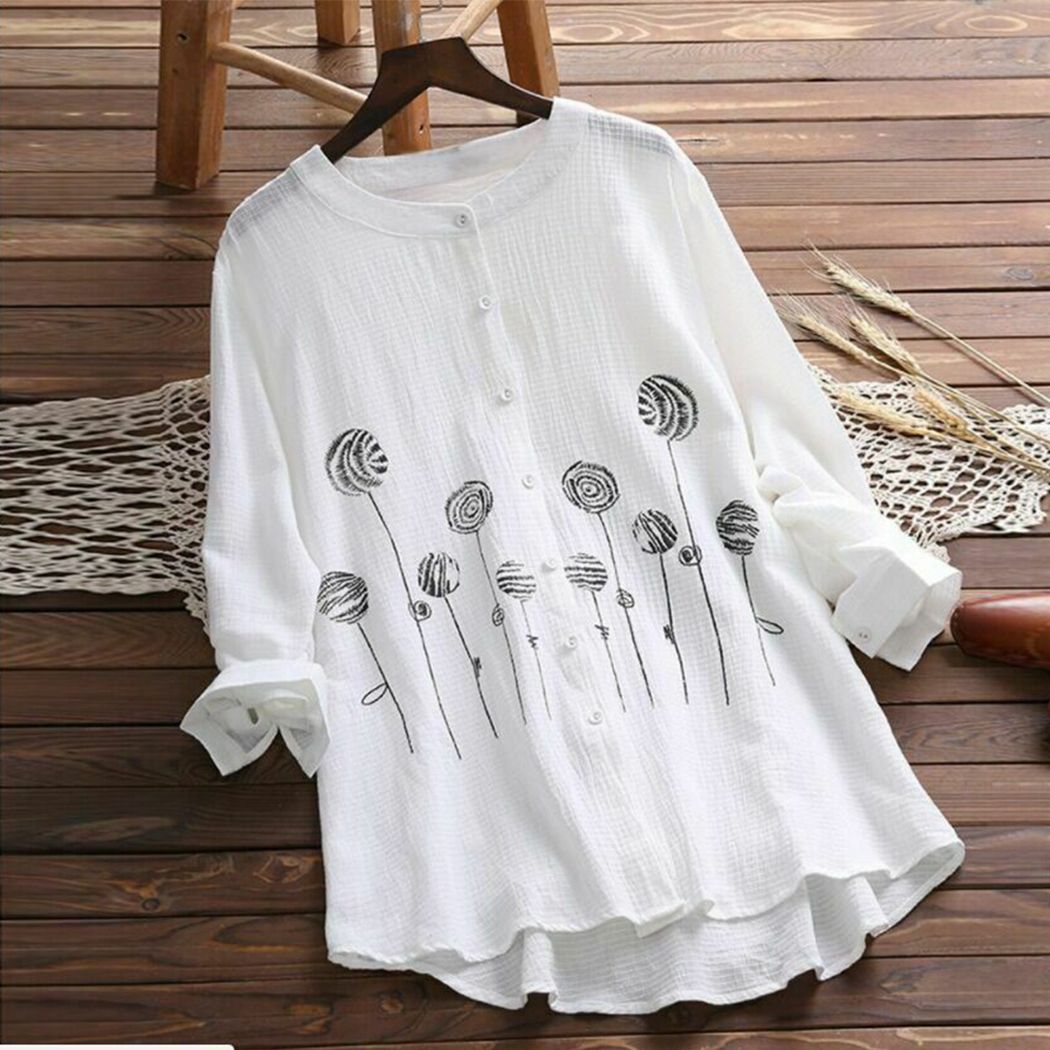 Leaf2you Cotton Linen Blouse for Women Plus Size Short Sleeve Tunic Tops Fashion Daisy Printed Pullover Tops Comfy T-Shirt