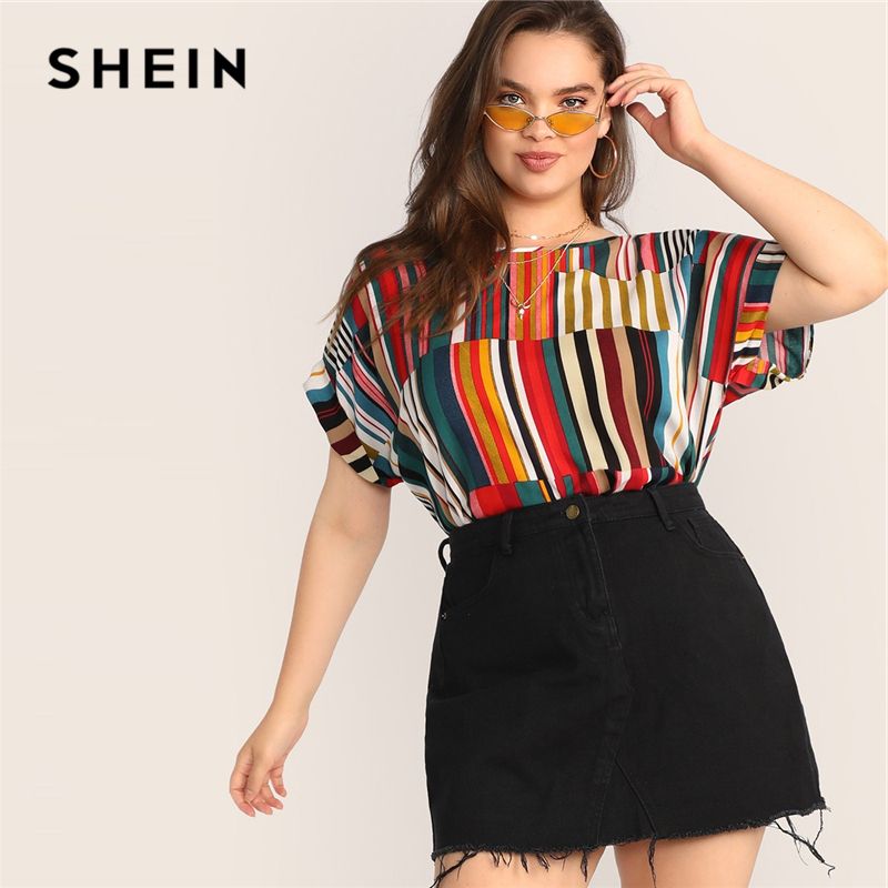Compra SHEIN Plus Tamaño Multicolor Colorido Rayas Top Blusa 2019 Mujeres  Verano Casual Manga Corta Cuello Redondo Tamaño Grande Barato | Entrega  Rápida Y Calidad | Es.Dhgate