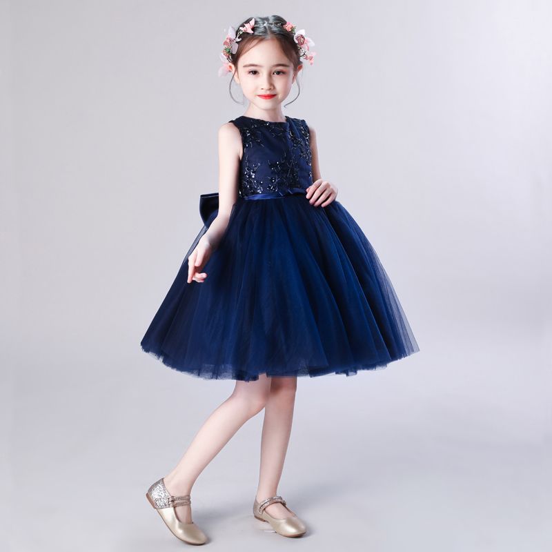 Vestido azul marino A-Line Folwer niñas 2019 En stock Falda corta para niños hasta