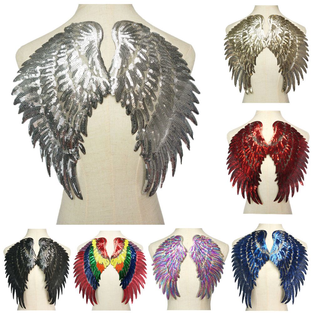 2 Aufnäher Patches Engelsflügel Silber schwarz Pailletten für Shirts DIY Federn