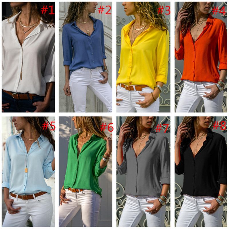 Las mujeres forman la blusa de manga larga cuello en V camiseta Sólido Botón color