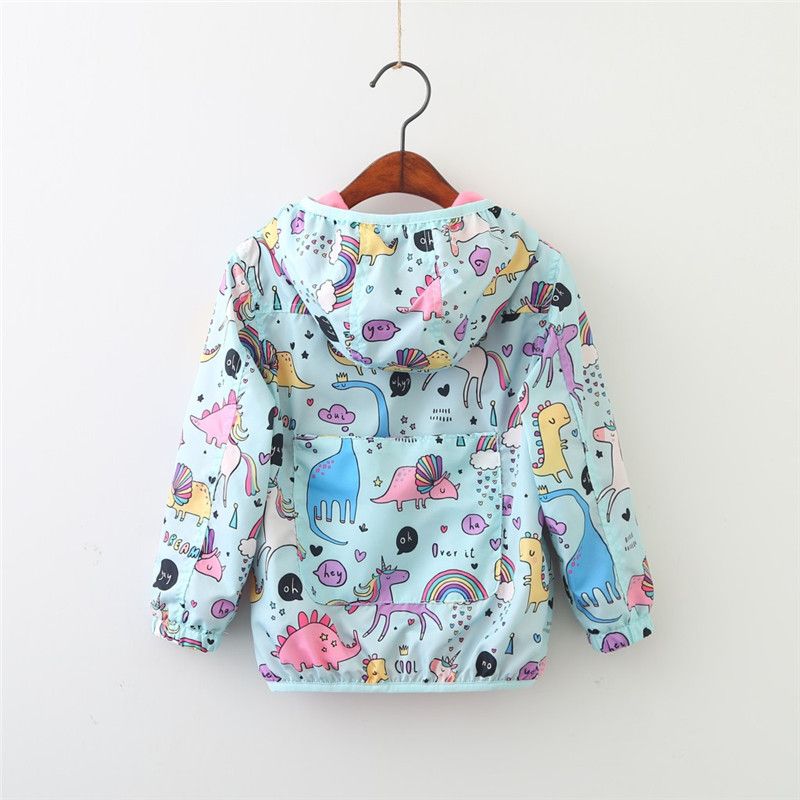 Kids Rain Jacket Baby Girl Unicorn Dinosaur Print Hooded Coat Outerwear Top