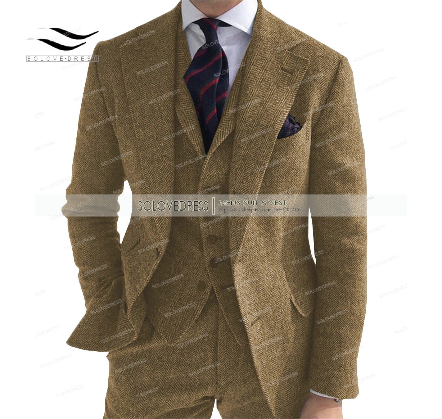 Compra La Lana De Los Hombres De Trajes Para Boda Formal De Negocios  Smoking Del Novio De 3 Piezas De Boda Espiga Tweed Padrinos De Hombre  Conjunto Chaqueta Del Juego Del Chaleco