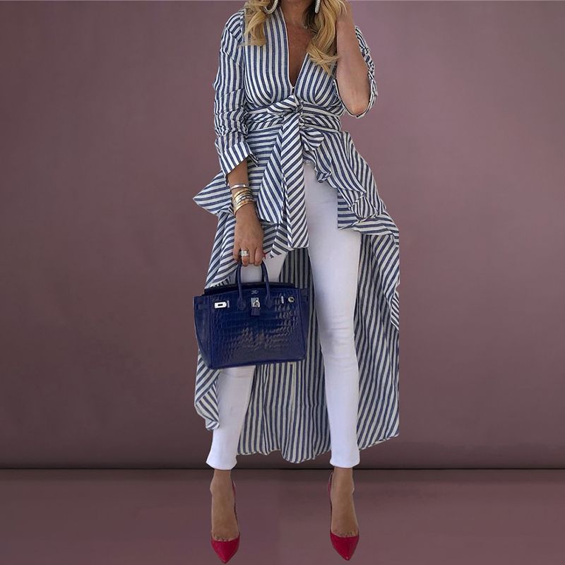 Compra 2019 Primavera Moda Mujer Elegante Ropa De Trabajo De Oficina  Asimétrica Blusa Larga Femenina Casual Top Rayado Atado Dip Frente Hem  Camisa Barato | Entrega Rápida Y Calidad | Es.Dhgate