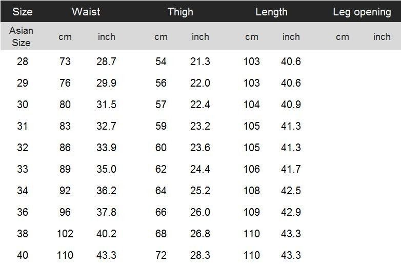 Mens Dress Pants Size Chart