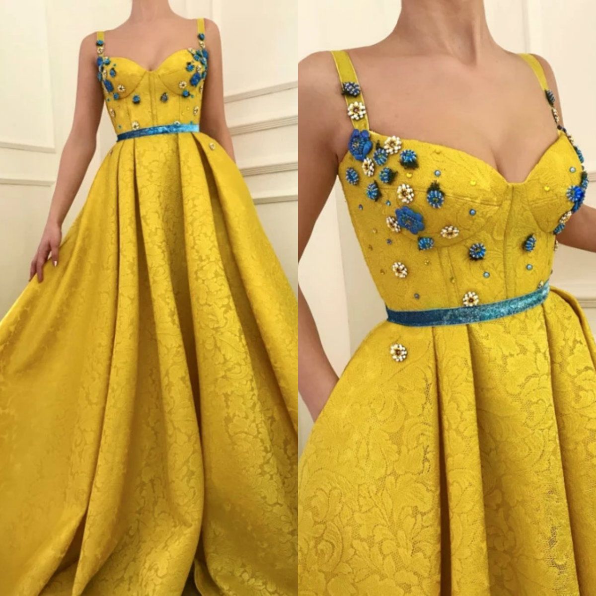 yellow prom dress with flowers