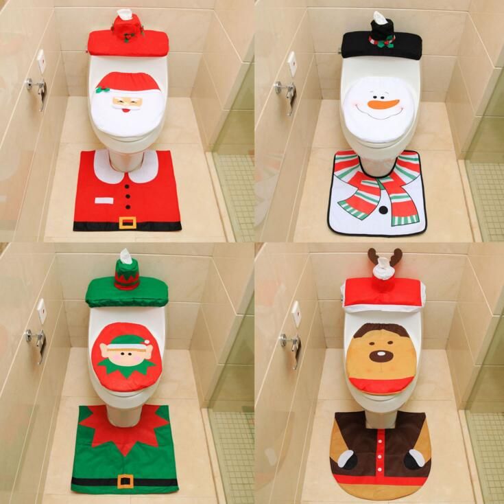 Cubierta de asiento de tocador de Santa Claus mu/ñeco de nieve Home y alfombra para ba/ño Set de adornos de Navidad de 3