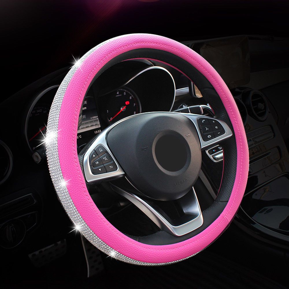 Skidproof Auto Car Steering Wheel Cover PU Leather wiht Bling Rhinestone 38cm