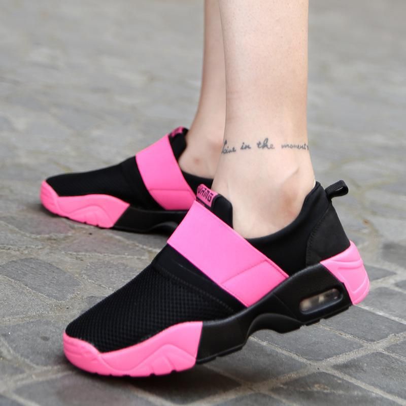 Diseñador coreano negro rosa plataforma zapatillas de deporte mujer verano 2018 malla transpirable con cordones