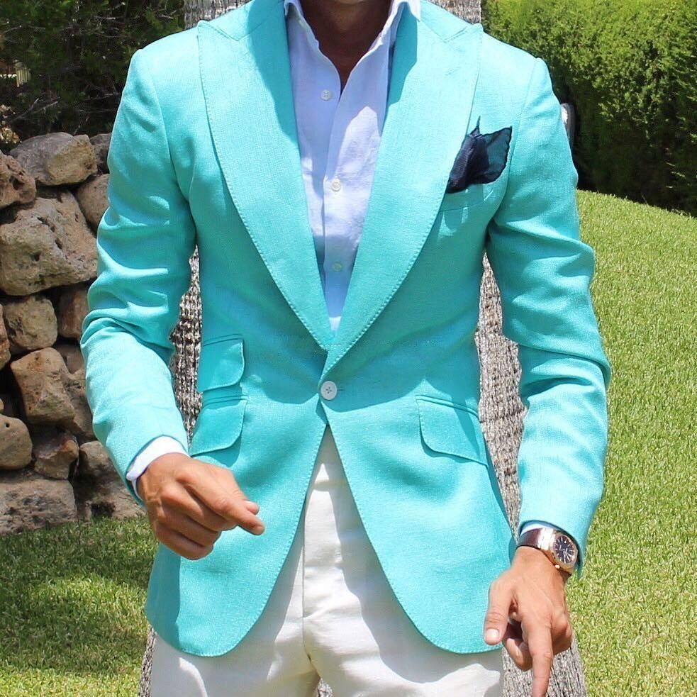 New Arrival Aquamarine Men Wedding Tuxedos Peak Lapel Groom Tuxedos