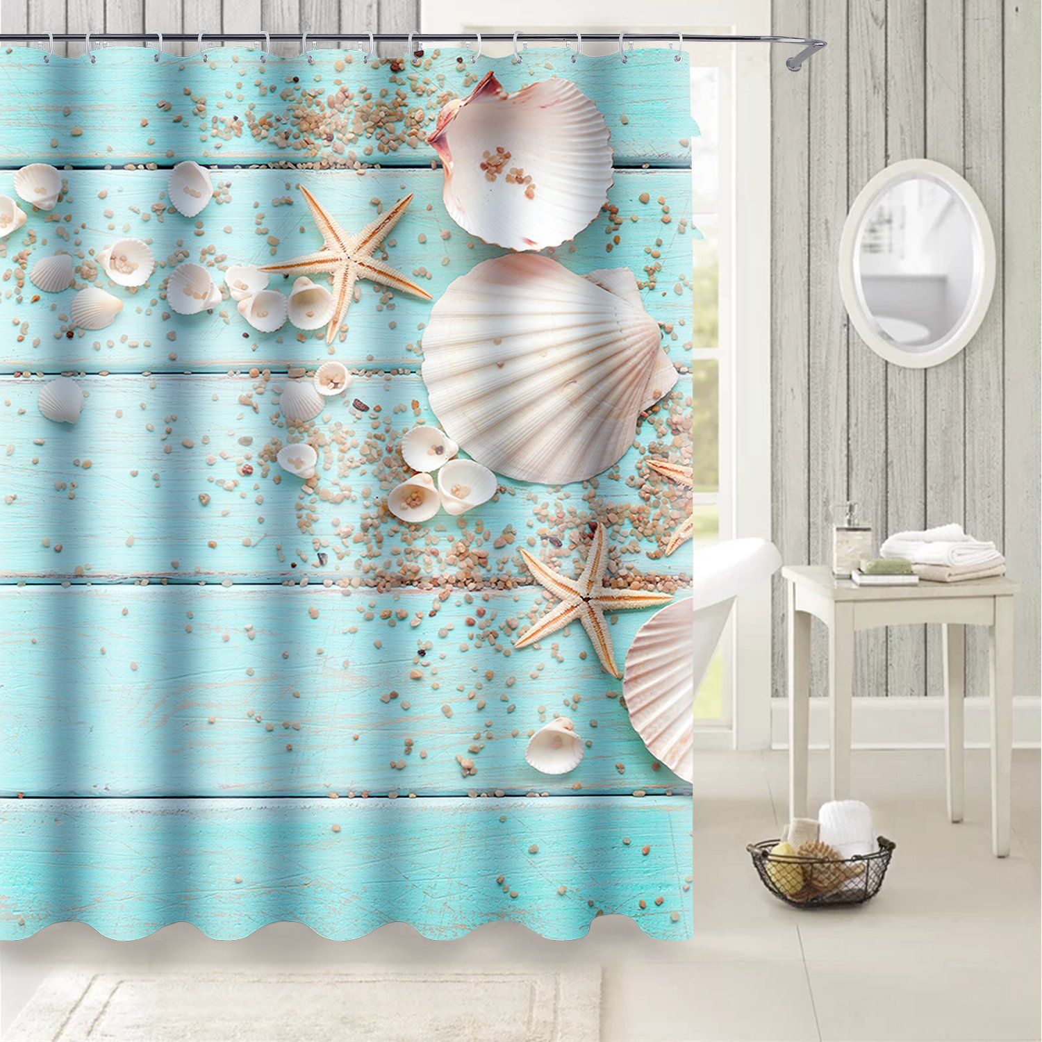 Cortina De Ducha De Tela De Playa Aqua Seashell Y Starfish En The Coastal Cl 