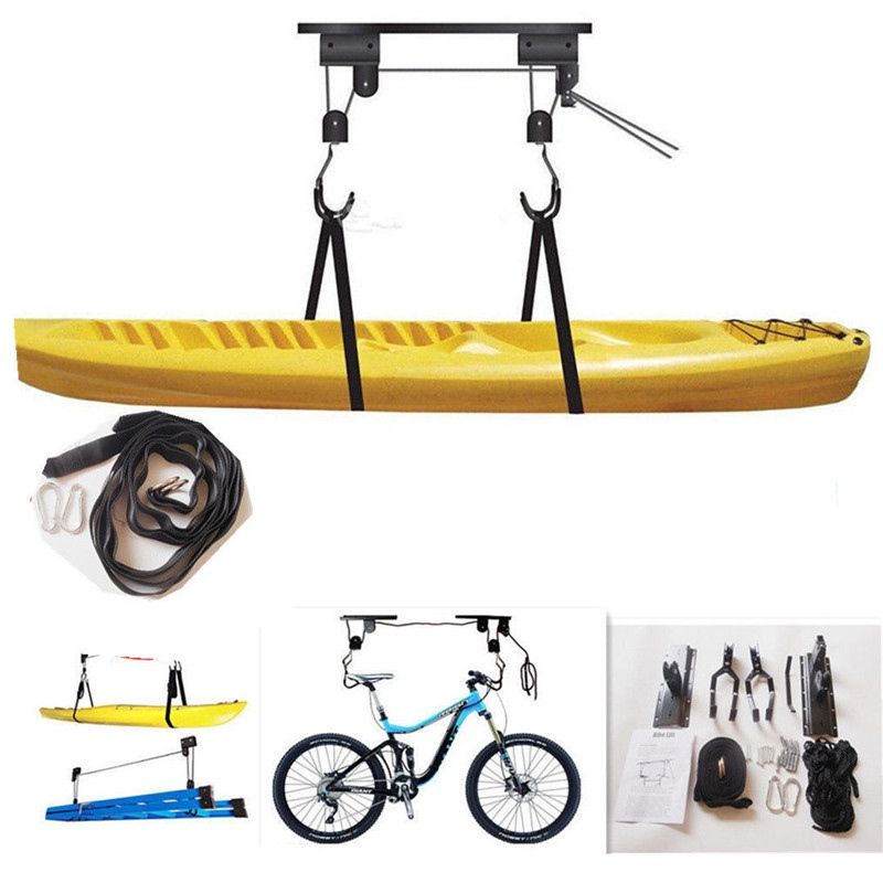 Color: Negro 73JohnPol Sistema Multifuncional Kayak Polea de elevación Elevador de Bicicletas Gancho de exhibición Garaje en el Techo Espacio de Almacenamiento en Rack Percha con Cuerda Libre