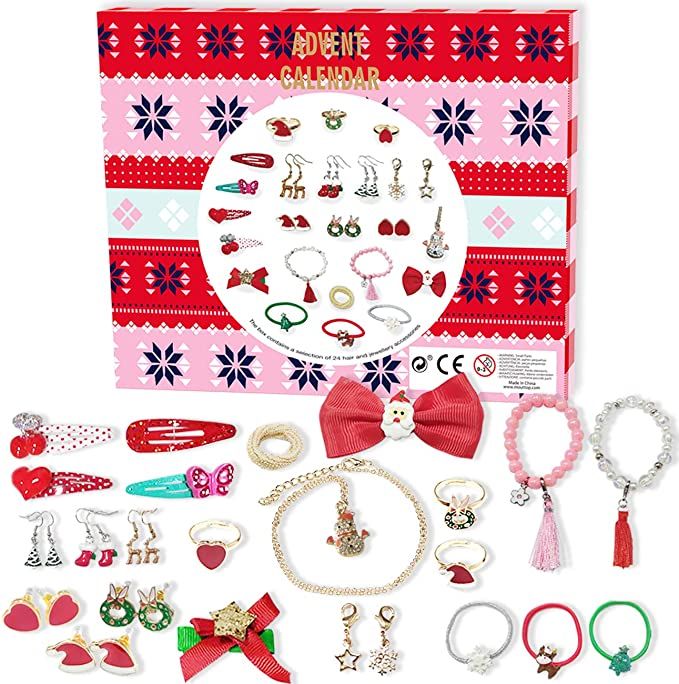 Calendario dell/'Avvento 2021 per ragazze con 24 gioielli bracciali anelli ciondoli fermagli per capelli per capelli,Calendario di Natale per bambini 24 giorni Regali per conto alla rovescia di Natale
