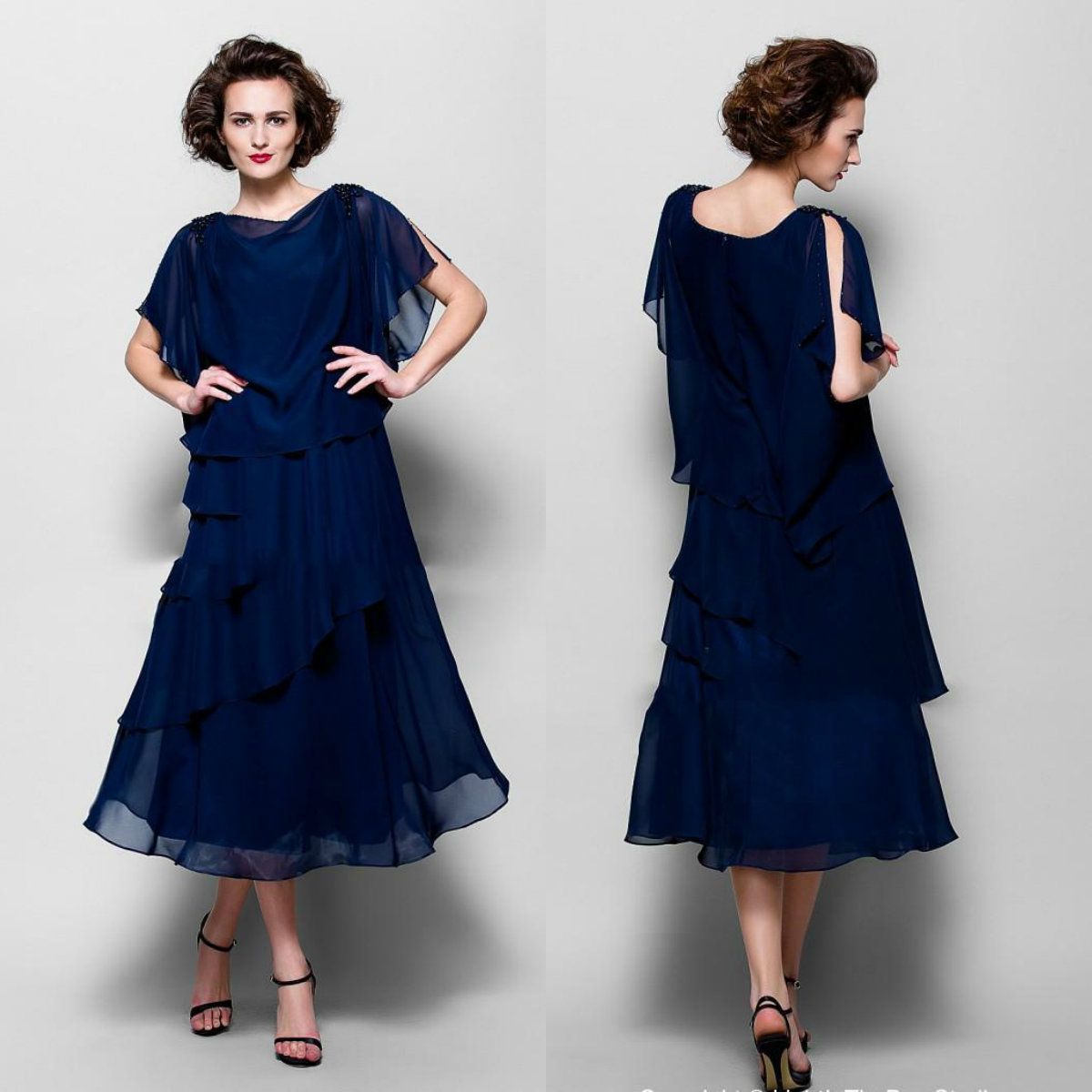 2020 Elegant Mother Of The Bride Dresses Short Sleeves Chiffon Evening Gowns Tiers Tea Length 