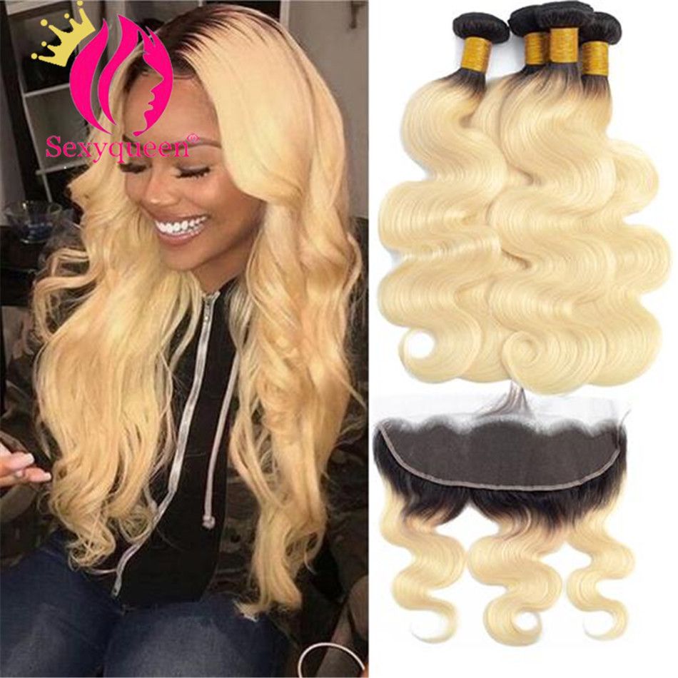 2019 Ombre 1b 613 Blonde Hair Bundles With Lace Frontal Body Wave