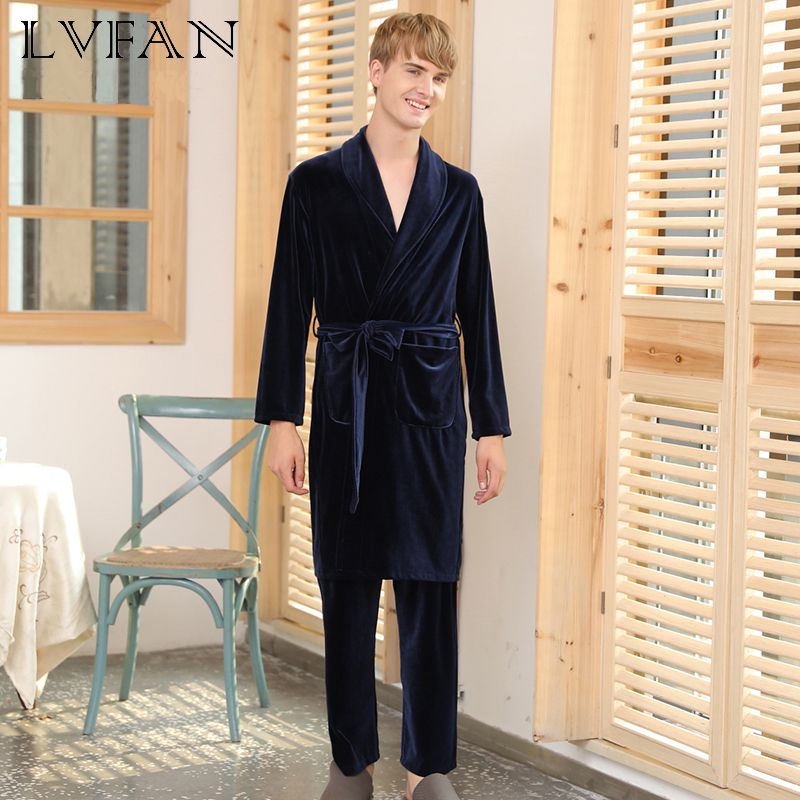 الرجال الشتاء منامة ملابس النوم ملابس داخلية السراويل اثنين من قطعة بدلة ثوب النوم ارتداء المنزل لرجل انفجر المخملية lvfan sr372 2021 من xinpiao