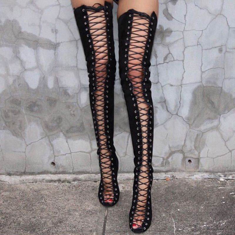 wide calf peep toe thigh high boots