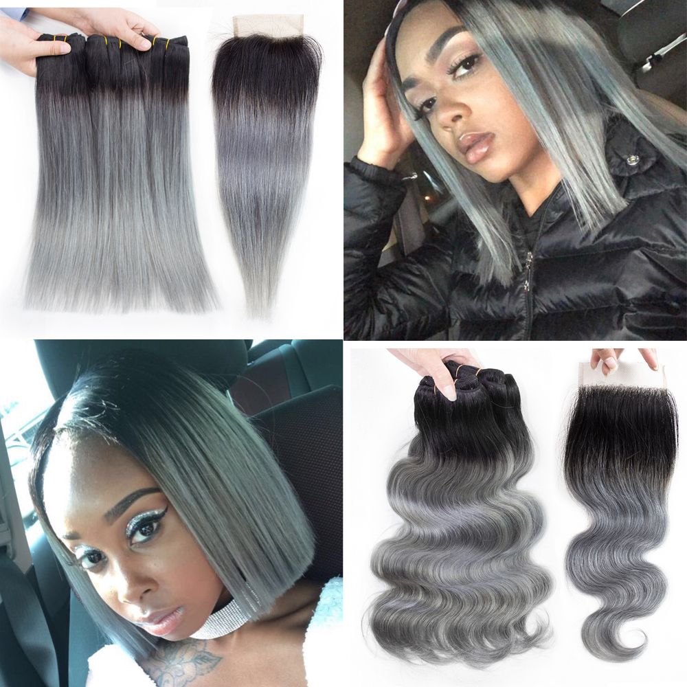 Kisshair Ombre Grey Straight Human Hair Bundles With Closure 1b Grey Colored Brazilian Hair Extension Body Wave Ombre Dark Grey Hair Cheap Remy Hair