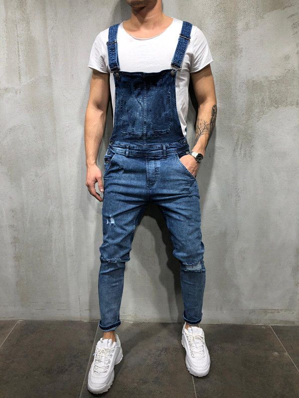 2020 HAT Mens Casual Pocket Light Blue Denim Overalls Slim Jumpsuits ...