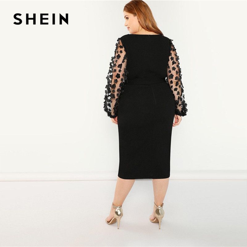 revisión guitarra ciervo Shein mujer tallas grandes elegante lápiz negro vestido con apliques de  malla linterna manga High Street