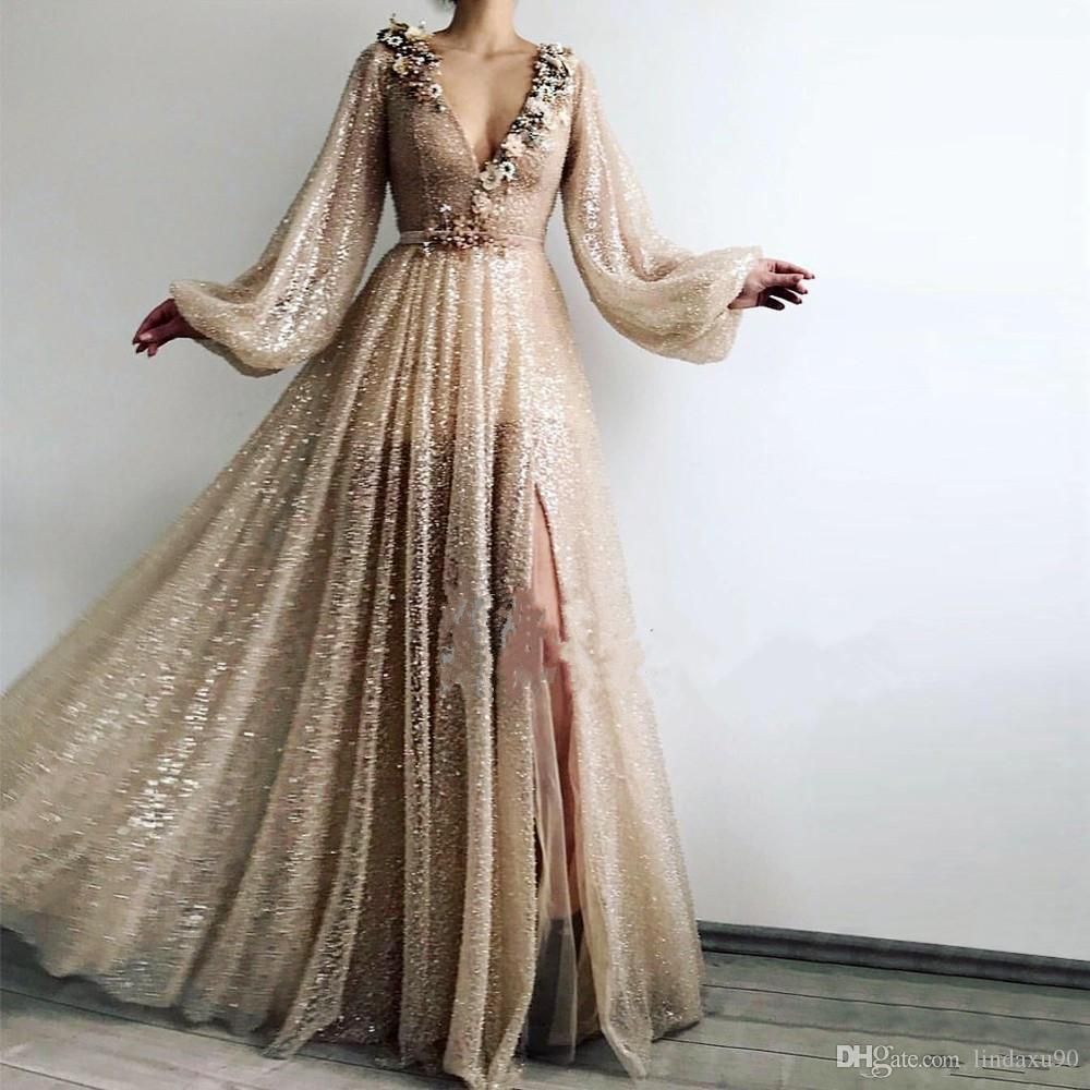 Champagne Long Sleeve Evening Dresses Elegant V Neck Appliqued Beads