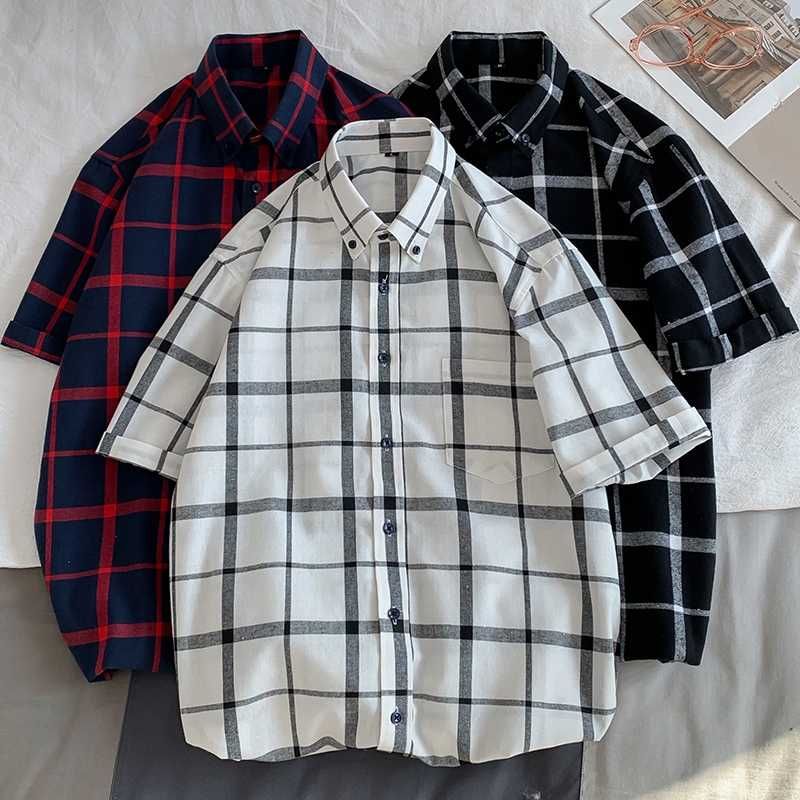 2020 M 4XL Korean Mens Clothes Short Sleeve Plaid Shirt Mens Causal ...