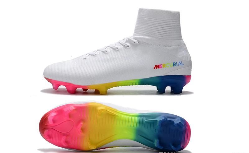 white and rainbow football boots