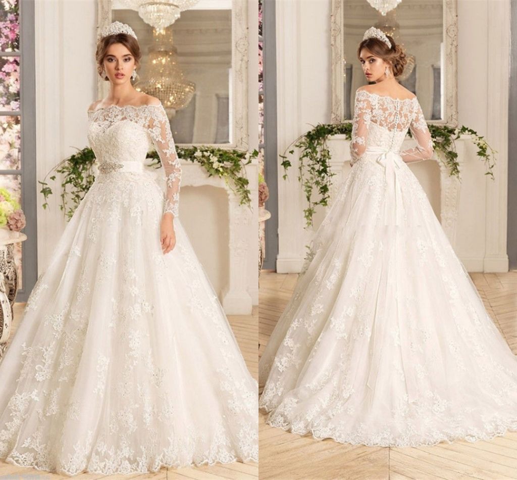 boat neck lace wedding dress