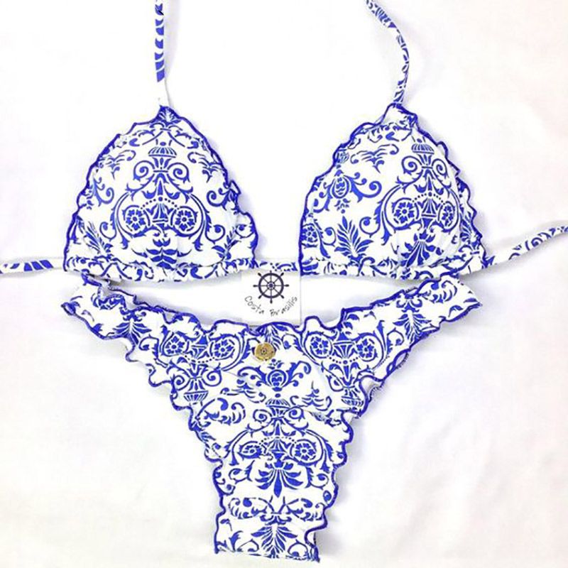 blue and white bikini set