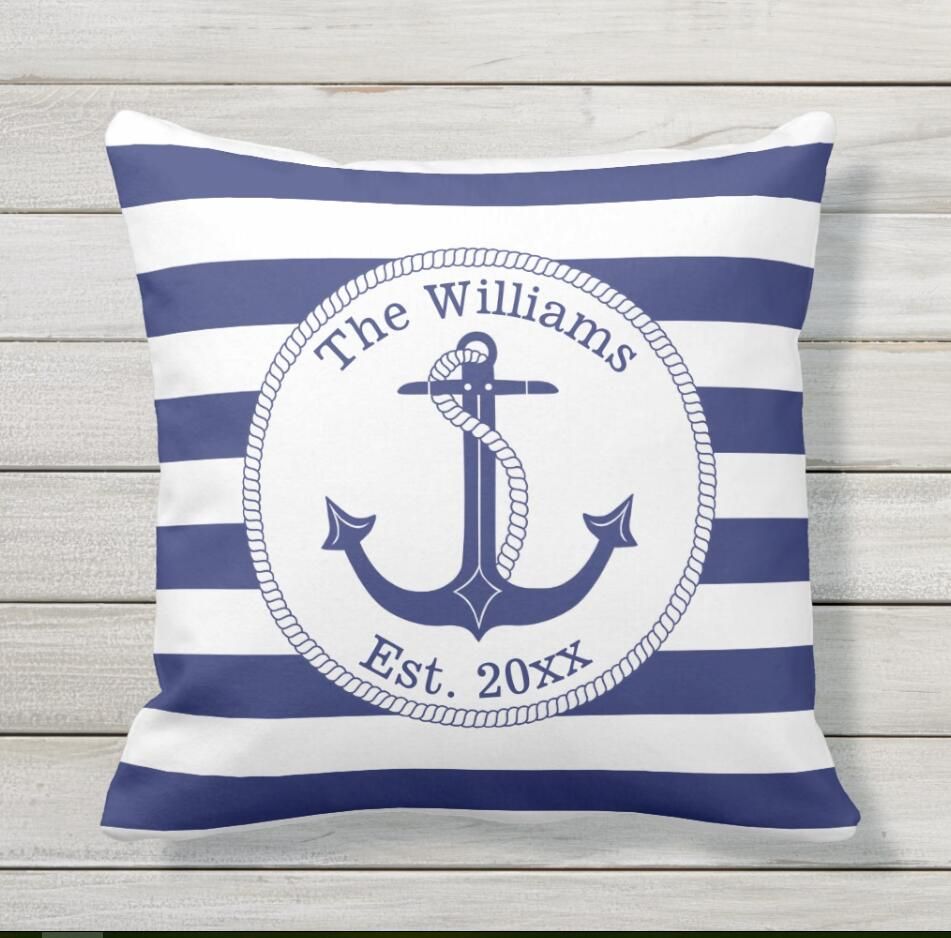 Pillowcase Nautical Anchor Navy Blue Stripes Family Name Outdoor