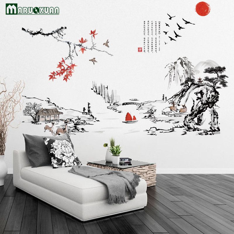 Acheter Maruoxuan 2017 Nouveau Style Chinois Stickers Muraux Encre Peinture Le Salon Chambre Decoration Vinyle Mural Amovible Stickers Muraux D19010902 De 8 97 Du Mingjing01 Dhgate Com