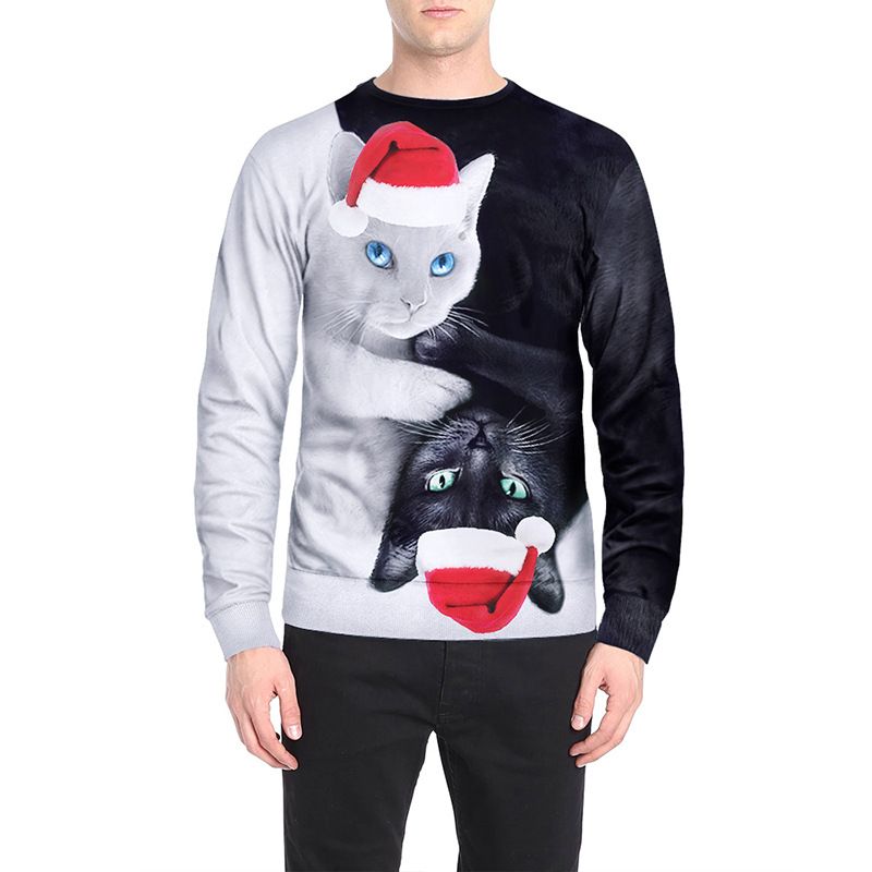 Acheter Pas Cher De Haute Qualite Top Noir Et Blanc Pull De Chat De Noel Imprime Grande Taille Lache La Mode Nouvelle 18 Vetements Pour Hommes Du 24 81 Fr Dhgate