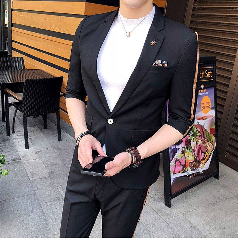 Compra Personalizar Trajes Negros Para Hombres Fiesta De Graduación Slim  Fit Novio Esmoquin Pantalones Rayas Doradas 2 Piezas Terno Masculino Hombre  Blazer Traje Homme Mariage Barato | Entrega Rápida Y Calidad | Es.Dhgate