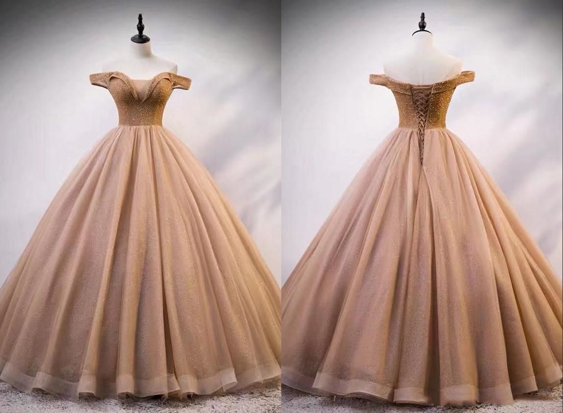 rose gold puffy prom dress