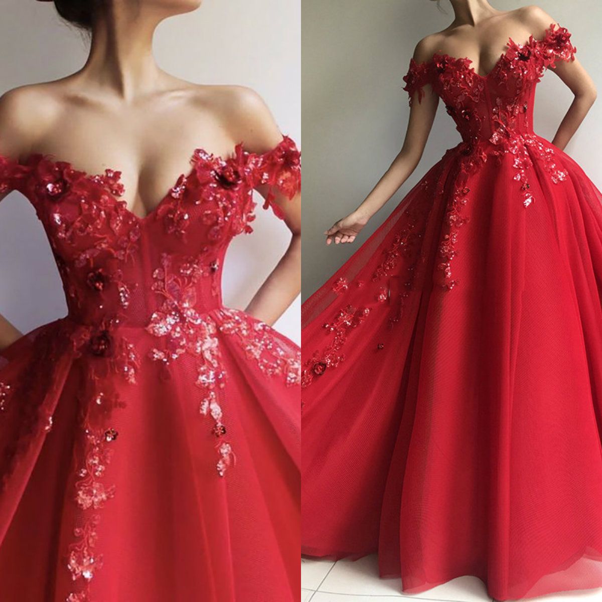 red off the shoulder prom dress uk