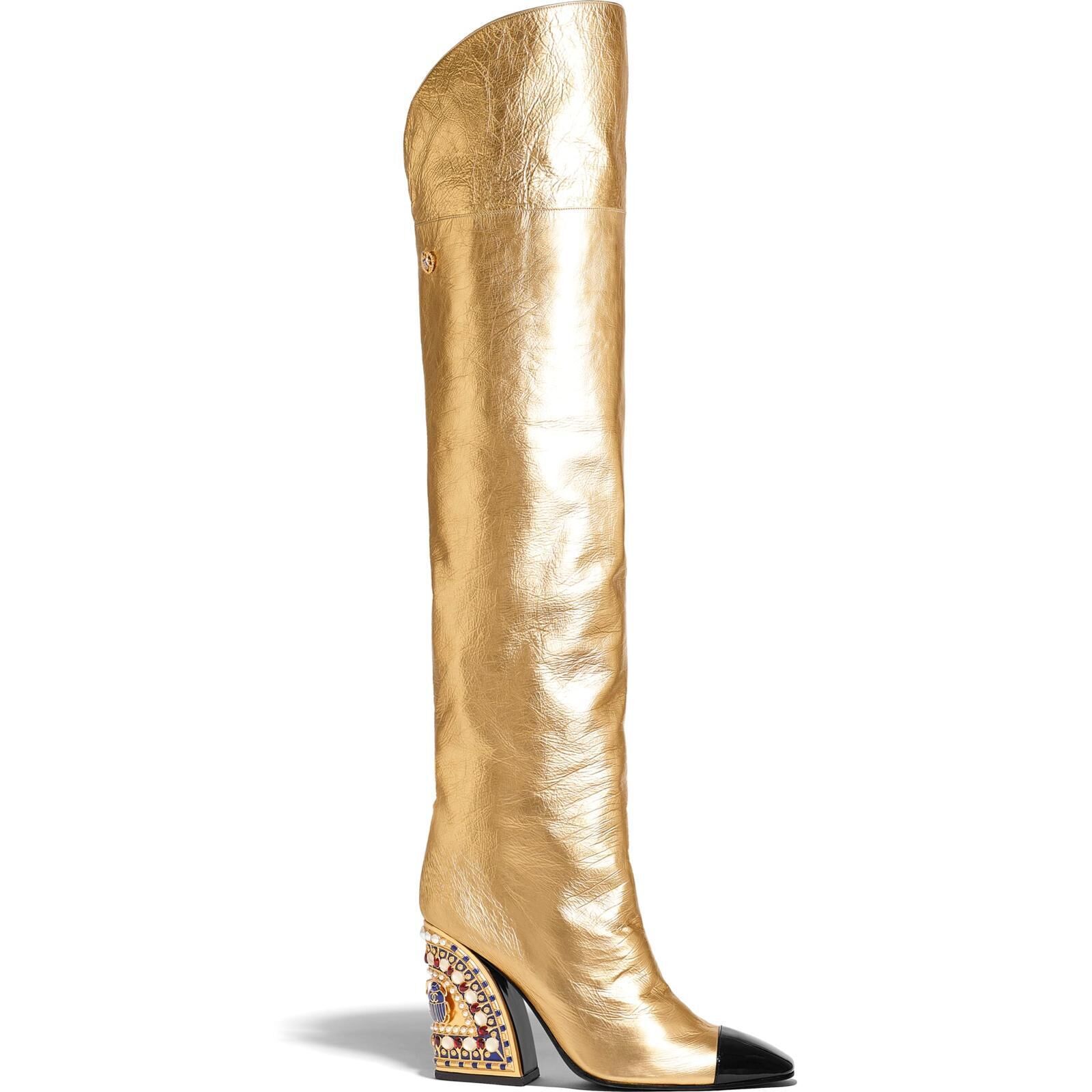 knee high boots with gold trim