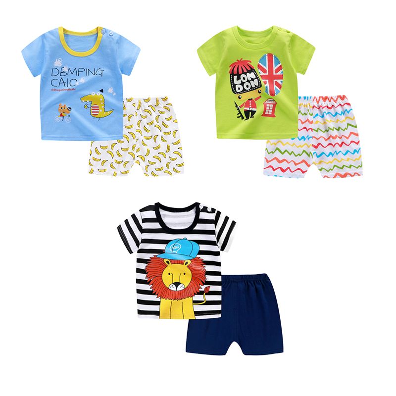 Baby Boys Cotton Summer Sets Shortsleeve Cartoon Animals Pattern T-Shirts Shorts 2Pcs Clothing Sets