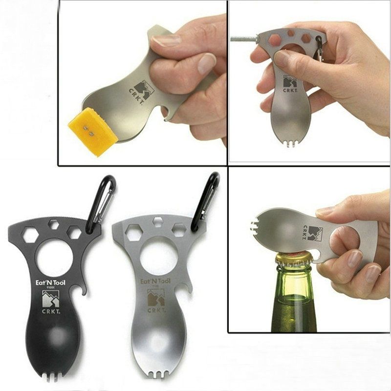 Pocket Spoon Fork Wrench Bottle Opener Carabiner Kit Outdoor Camping Hiking Tool