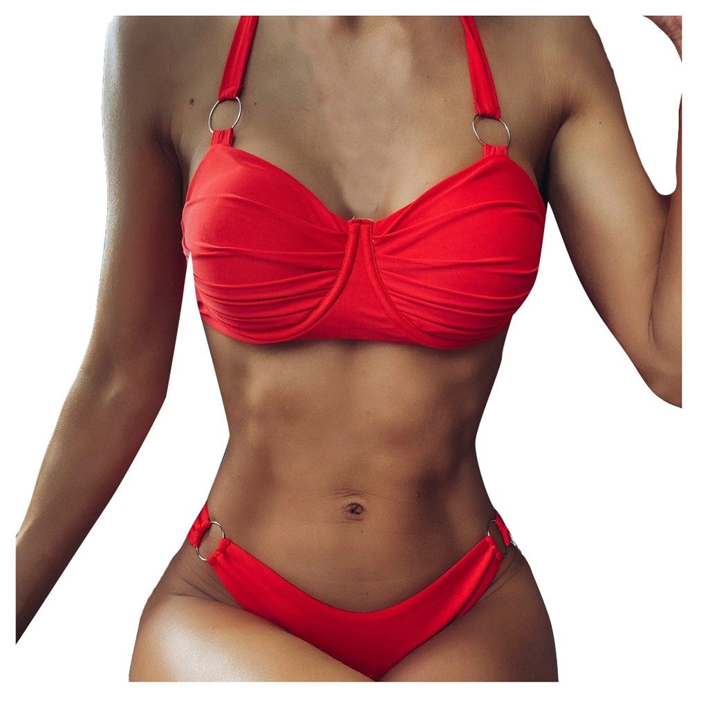 Compra Empuje Hacia Arriba Bikini Rojo Sólido Mujeres Del Traje De 2020  Halter Atractivo Traje De Baño Femenino Del Traje De Baño Del Anillo De  Bañistas Plisados \u200b\u200bcorte Del Alto Biquini Nueva