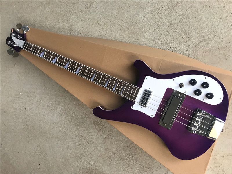 4文字列紫色のボディ電気ベースギター、ローズウッドの指板、ホワイト