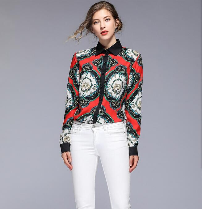 Acheter Pas Cher Foulard Rouge Imprimé Chemisiers À Manches Longues  Contraste Couleur Été Chemise Slim Fit Printemps Style OL Revers Blouses  Imprimées Pour La Vente Chemises Femme Du 14,84 € | Fr.Dhgate