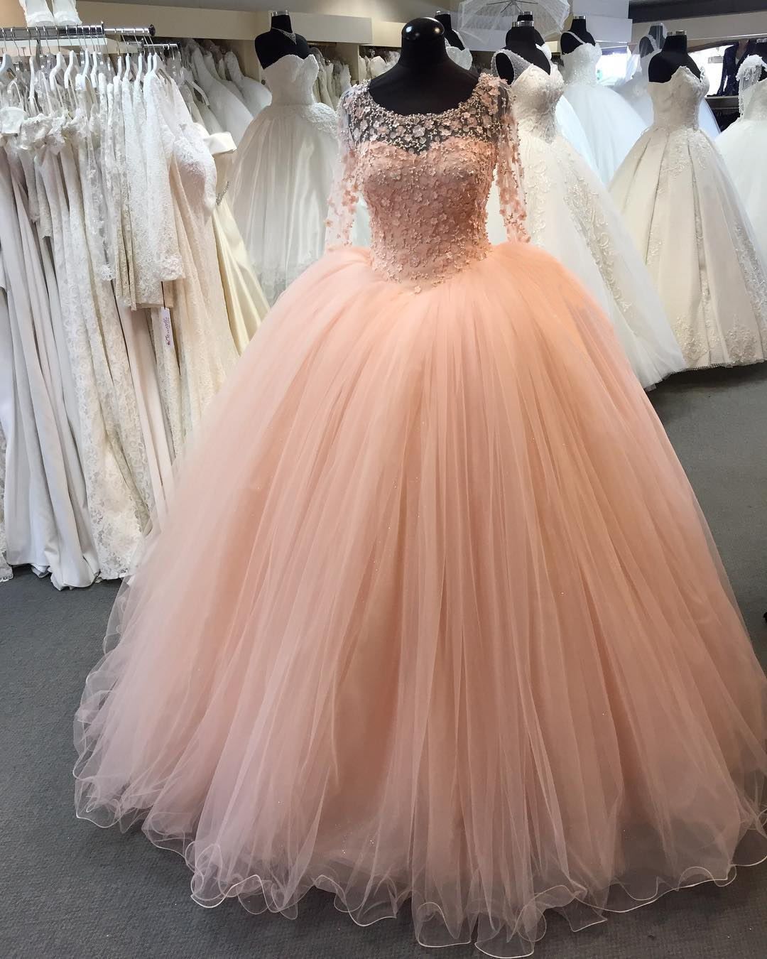 Romantic Coral 3D Floral Flowers Quinceanera Prom Dresses Ball gown Jewel  Neck Lace Long Sleeves Sweet