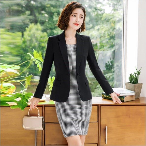 Women Elegant Plaid Dress Suits Spring Autumn Female Blazer+Dress Two Pieces Ladies Office Wear Clothes Womens Jacket Dress Suit