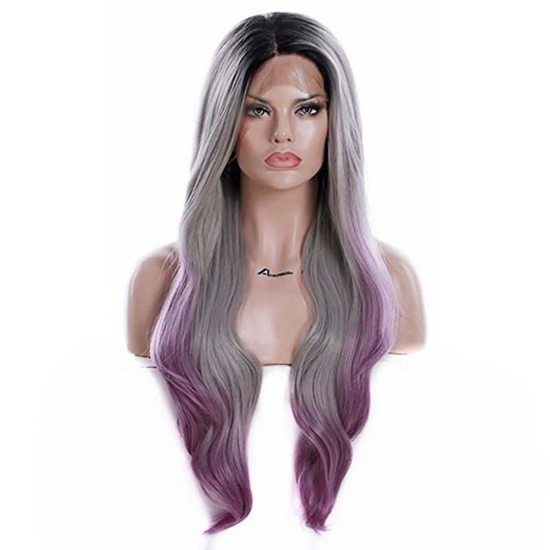 24inch Gray Lace Front Wig Purple Ombre Dark Root Women S Hair Heat Resistant Synthetic Fiber Half Hand Tied Long Wavy Wigs Wigs For White Women Half