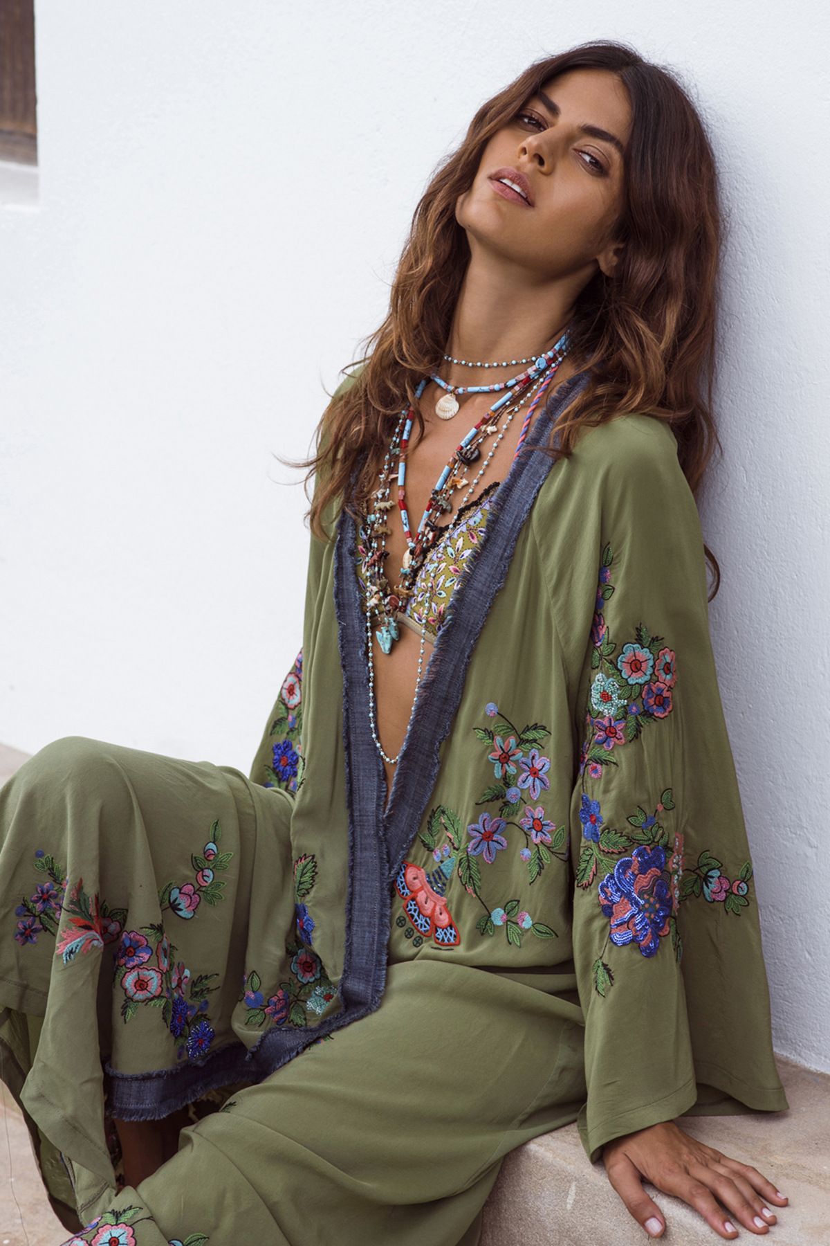 Women Green Embroidered Long Cardigan Blouses Cover Ups Dress