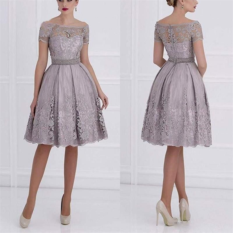 Compre Encaje Bateau Longitud De La Rodilla Mangas Cortas Plata Gris  Vestidos De Madre Vestidos Cortos De Noche Elegante Madre De La Novia  Vestido De Novio Por Encargo A 88,59 € Del